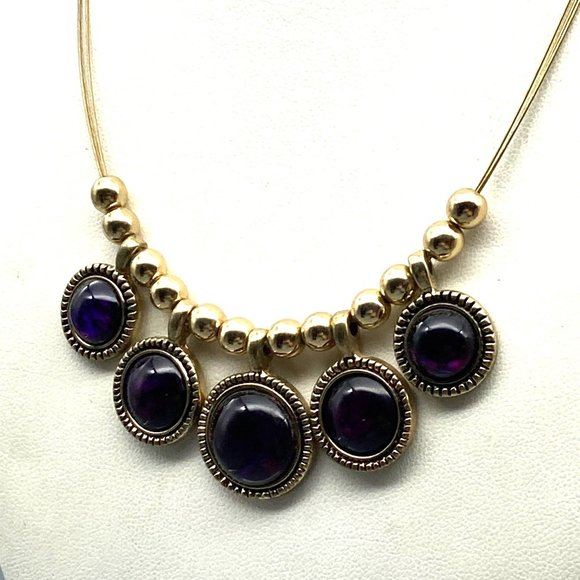 Elegant Purple and Gold Bib Necklace, Vintage Bold Bib on Triple Strand Wires - Picture 3 of 4